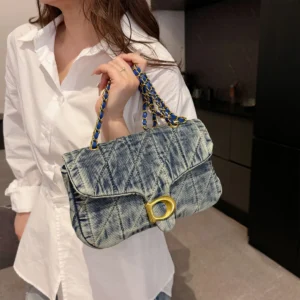 Hong Kong Style Retro Distressed Denim Armpit Bag for Women 2025 Summer New Fashion Versatile Commuter Shoulder Bag Chain Mobile Phone Bag Daily Work to School Class Lipstick Tissue