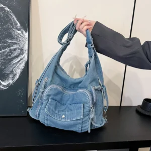 Solid Color Denim Trendy Shoulder Bag for 2025 High Quality Fashion Zipper Large Capacity Versatile Women's Crossbody Bag