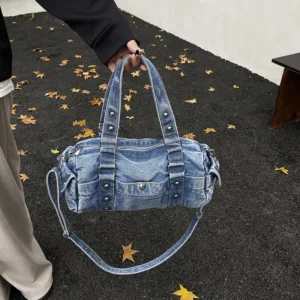 Denim Women Shoulder Bag Large capacity Rivet Ladies Handbags Shopping Travel female big totes Barrel-shaped Cowboy armpit bag