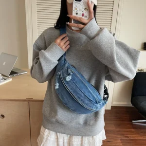 New Denim Shoulder Chest Bag for Women Sporty Casual Style Simple Fashionable Waist Bags Mobile Phone Crossbody Bag for Men