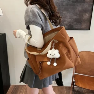 Multi Compartment, Zipper Closure, Women's Bags Large Capacity Japanese Style Tote Bag, Cute Plush Fixed Strap, Casual Elegance