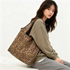 Leopard Print Foldable Tote Bag Lightweight Polyester Leak-Proof Reusable for Shopping Travel Work